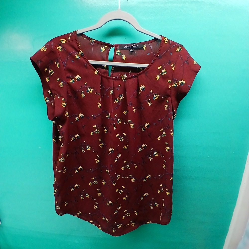 Alice Blue Floral Cap Sleeve Blouse Large Burgundy Boho Office Cottagecore T9338